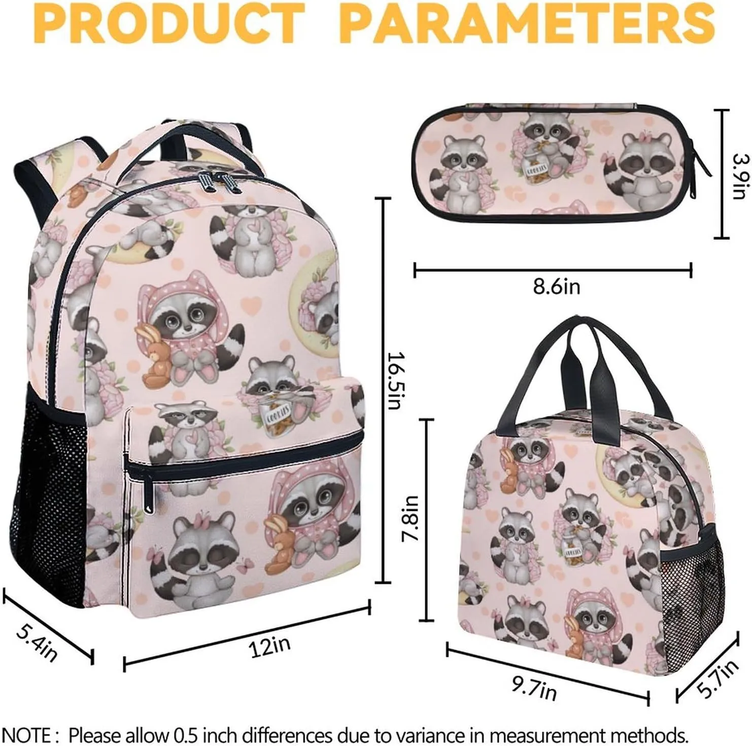 Raccoon Backpack with Lunch Box, Set of 3 School Backpacks Matching Combo, Cute Bookbag and Pencil Case Bundle