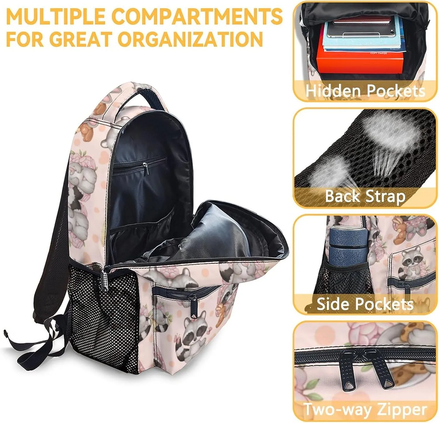 Raccoon Backpack with Lunch Box, Set of 3 School Backpacks Matching Combo, Cute Bookbag and Pencil Case Bundle