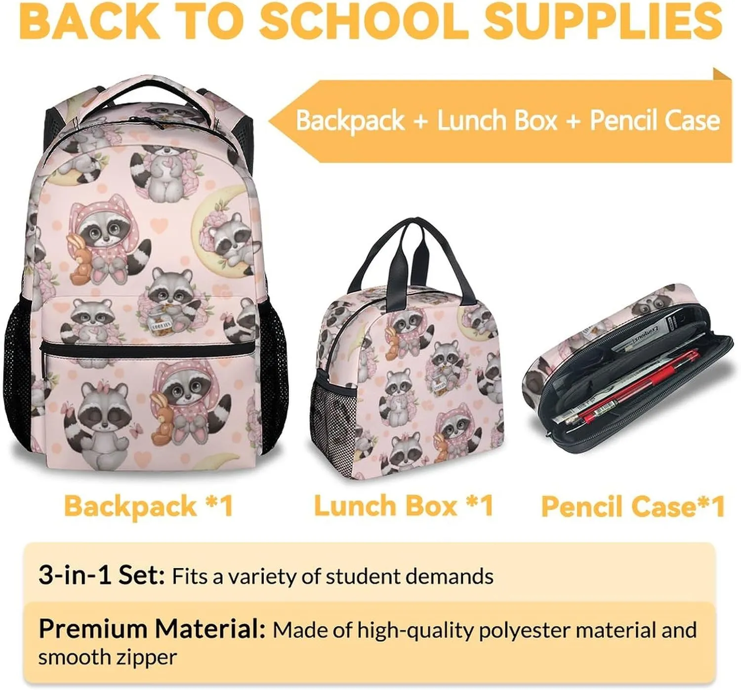 Raccoon Backpack with Lunch Box, Set of 3 School Backpacks Matching Combo, Cute Bookbag and Pencil Case Bundle