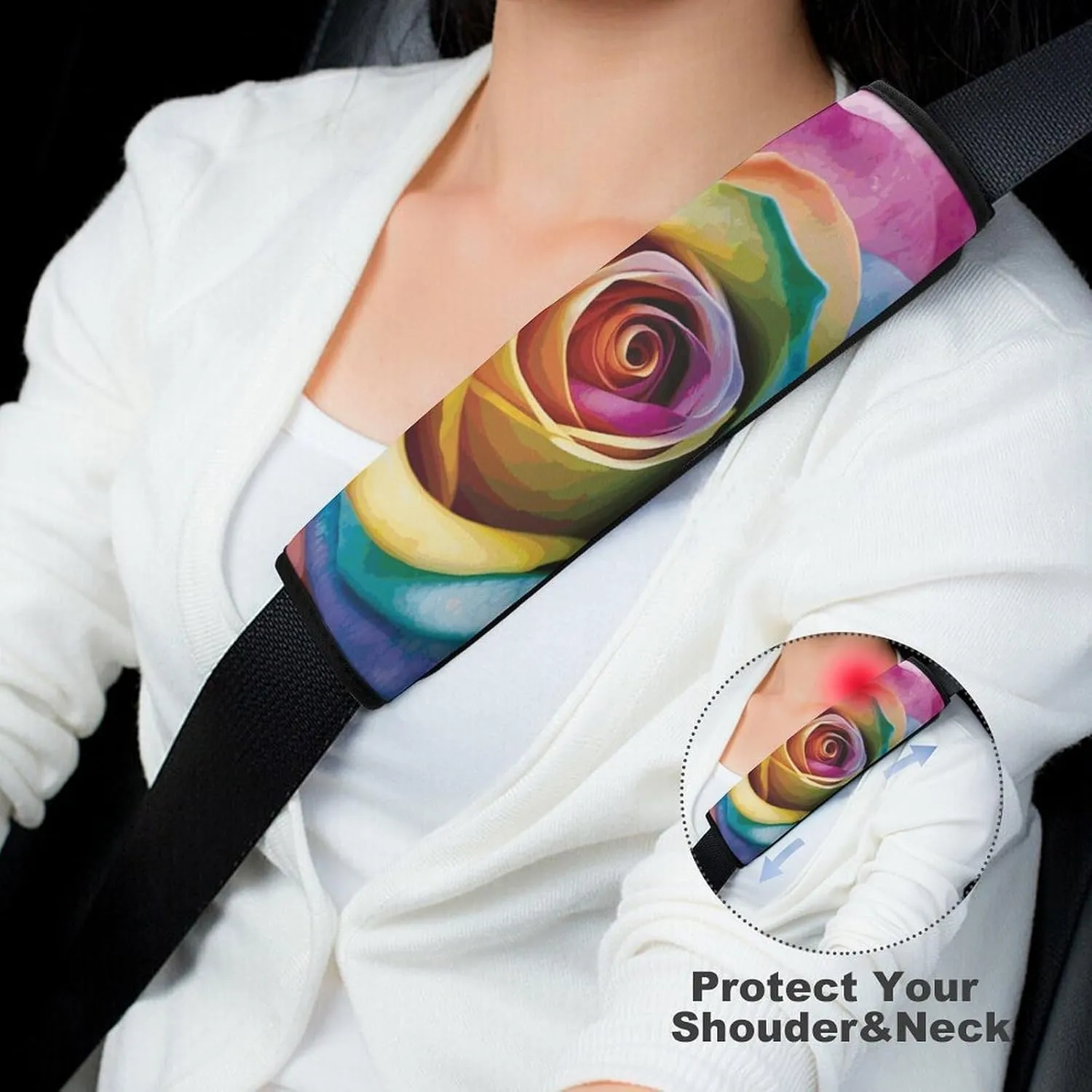 Rainbow Rose Flower Auto Seat Belt Cover 1PCS Universal Car Seat Belt Shoulder Protector Pad, Protect Your Shoulders and Neck for Car Seat Belt, Shoulder Bag, Backpack