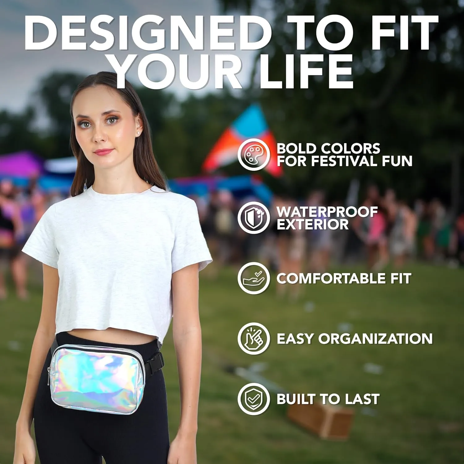 Rave Holgraphic Silver Crossbody Belt Bag for Women – Stylish Fanny Pack, Functional and Fashion Waist Packs for Travel, Festivals, and Everyday Use