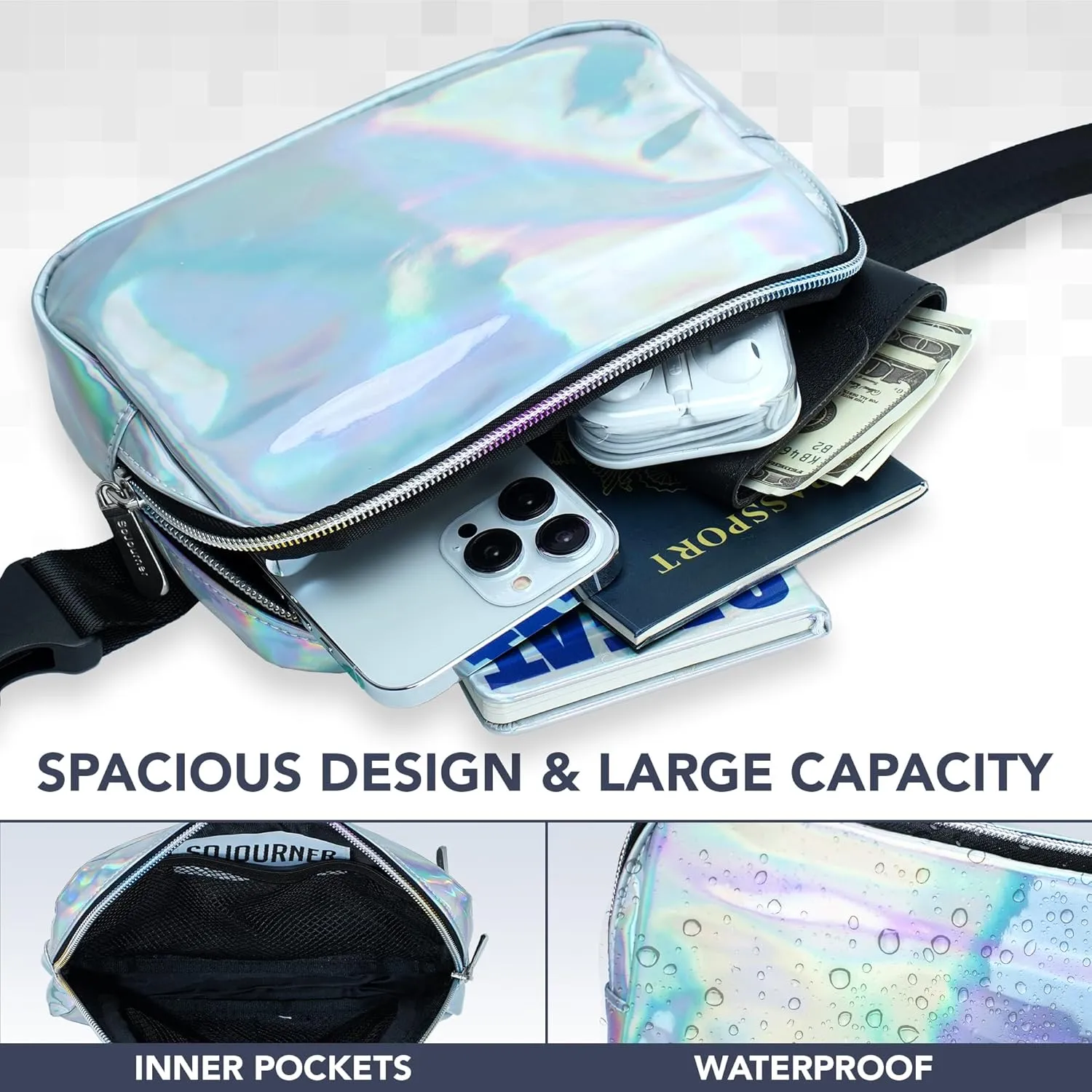 Rave Holgraphic Silver Crossbody Belt Bag for Women – Stylish Fanny Pack, Functional and Fashion Waist Packs for Travel, Festivals, and Everyday Use