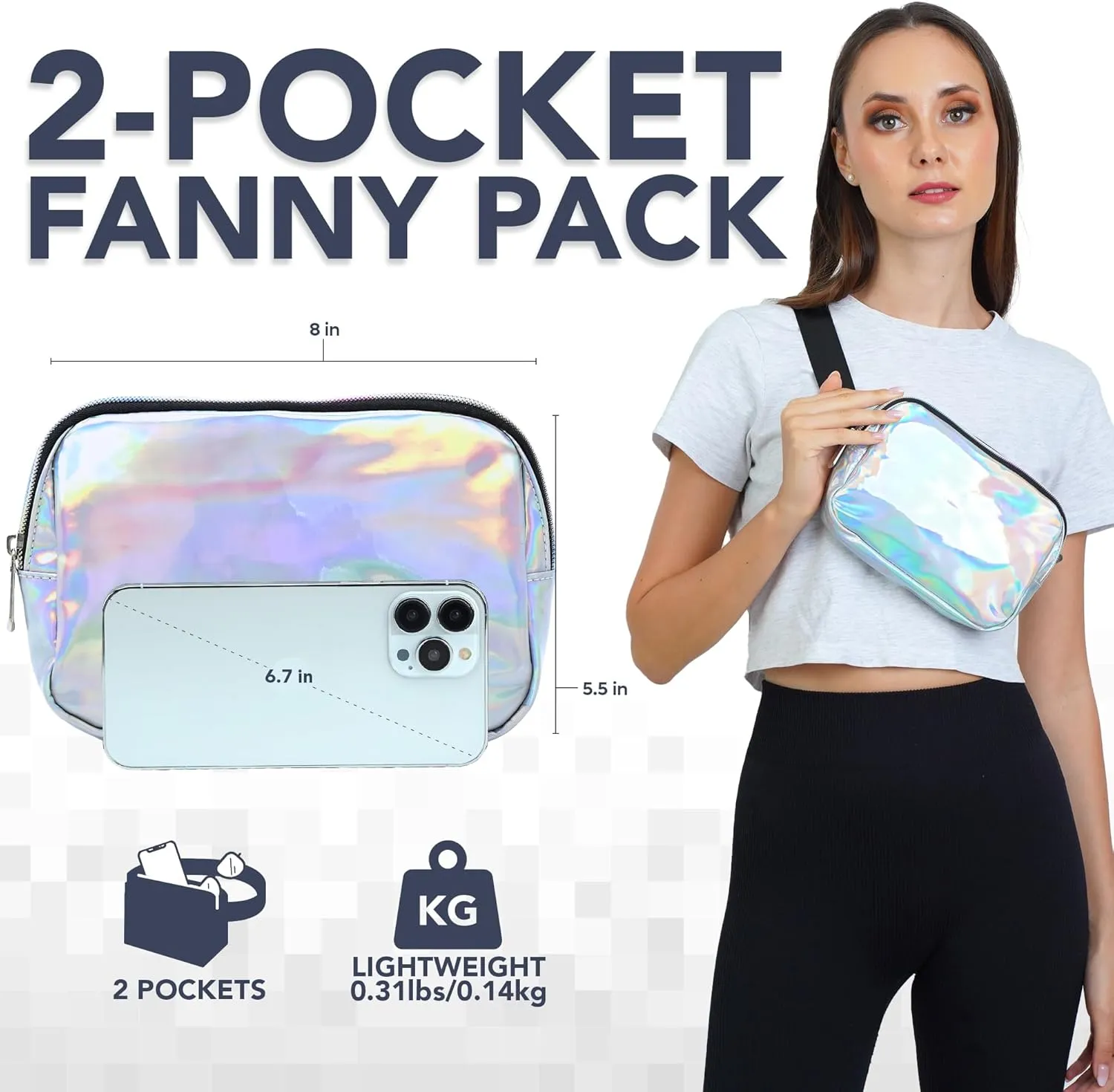 Rave Holgraphic Silver Crossbody Belt Bag for Women – Stylish Fanny Pack, Functional and Fashion Waist Packs for Travel, Festivals, and Everyday Use
