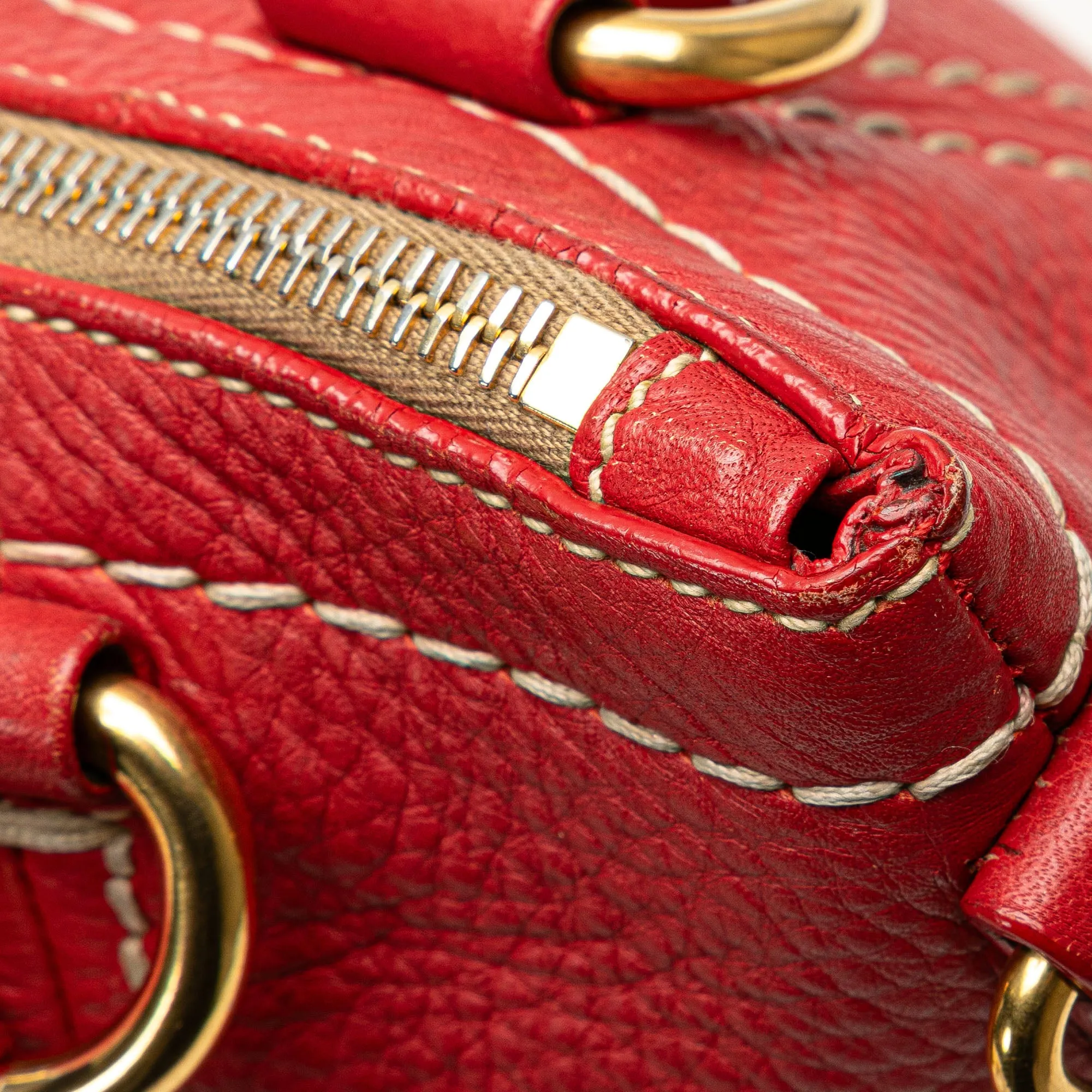 Red Prada Vitello Daino Zip Top Convertible Tote Satchel