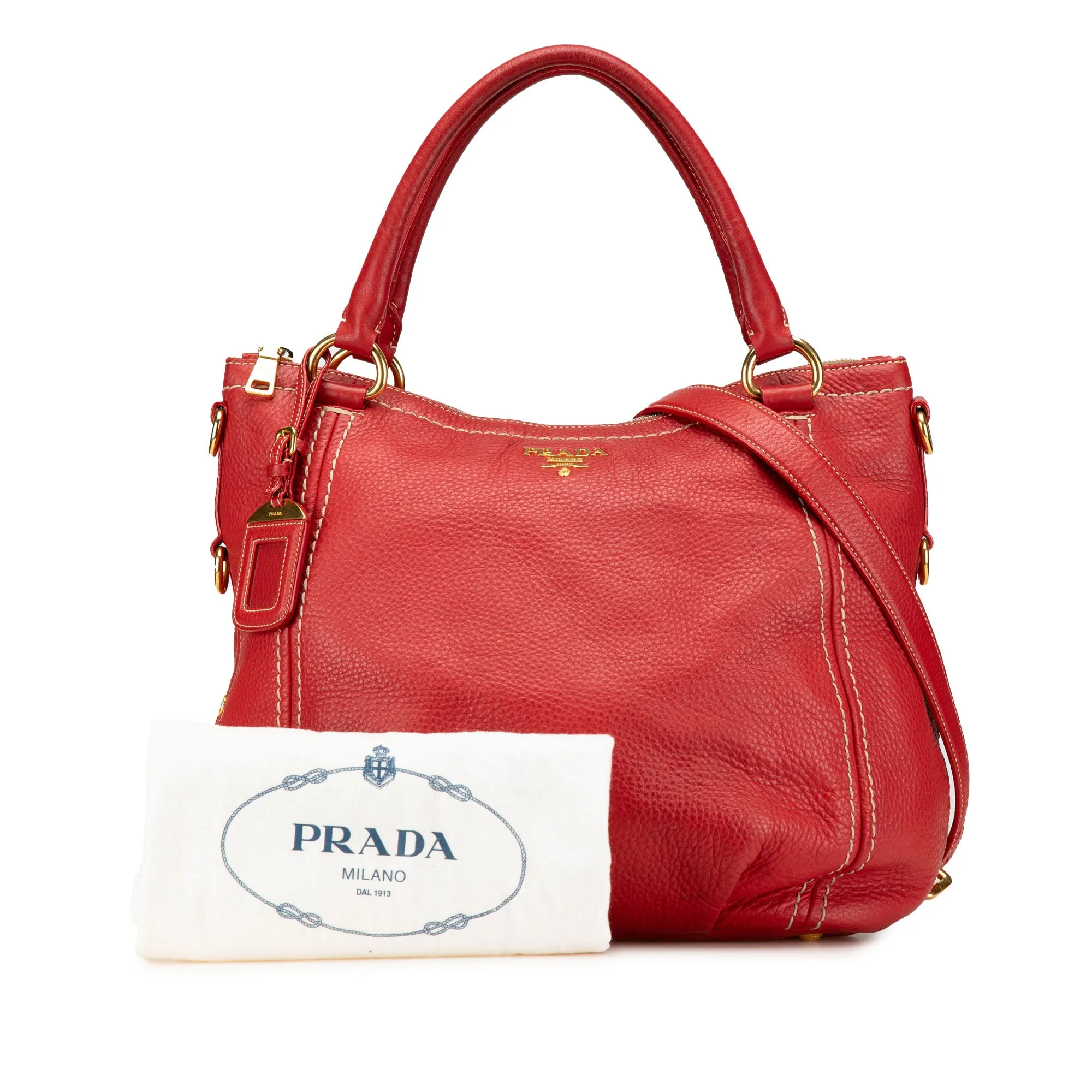 Red Prada Vitello Daino Zip Top Convertible Tote Satchel
