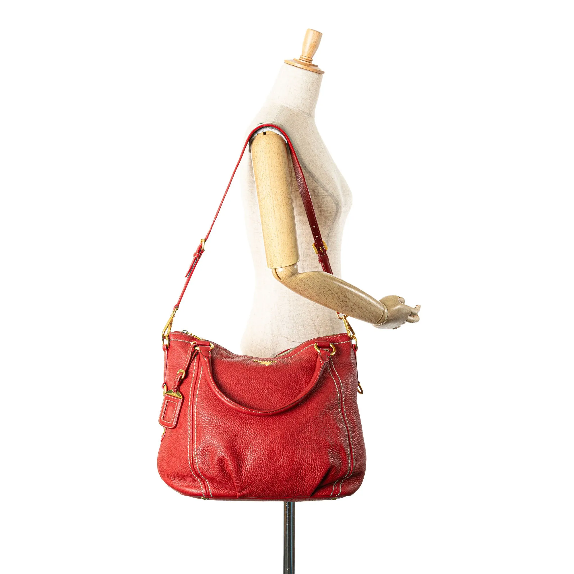 Red Prada Vitello Daino Zip Top Convertible Tote Satchel