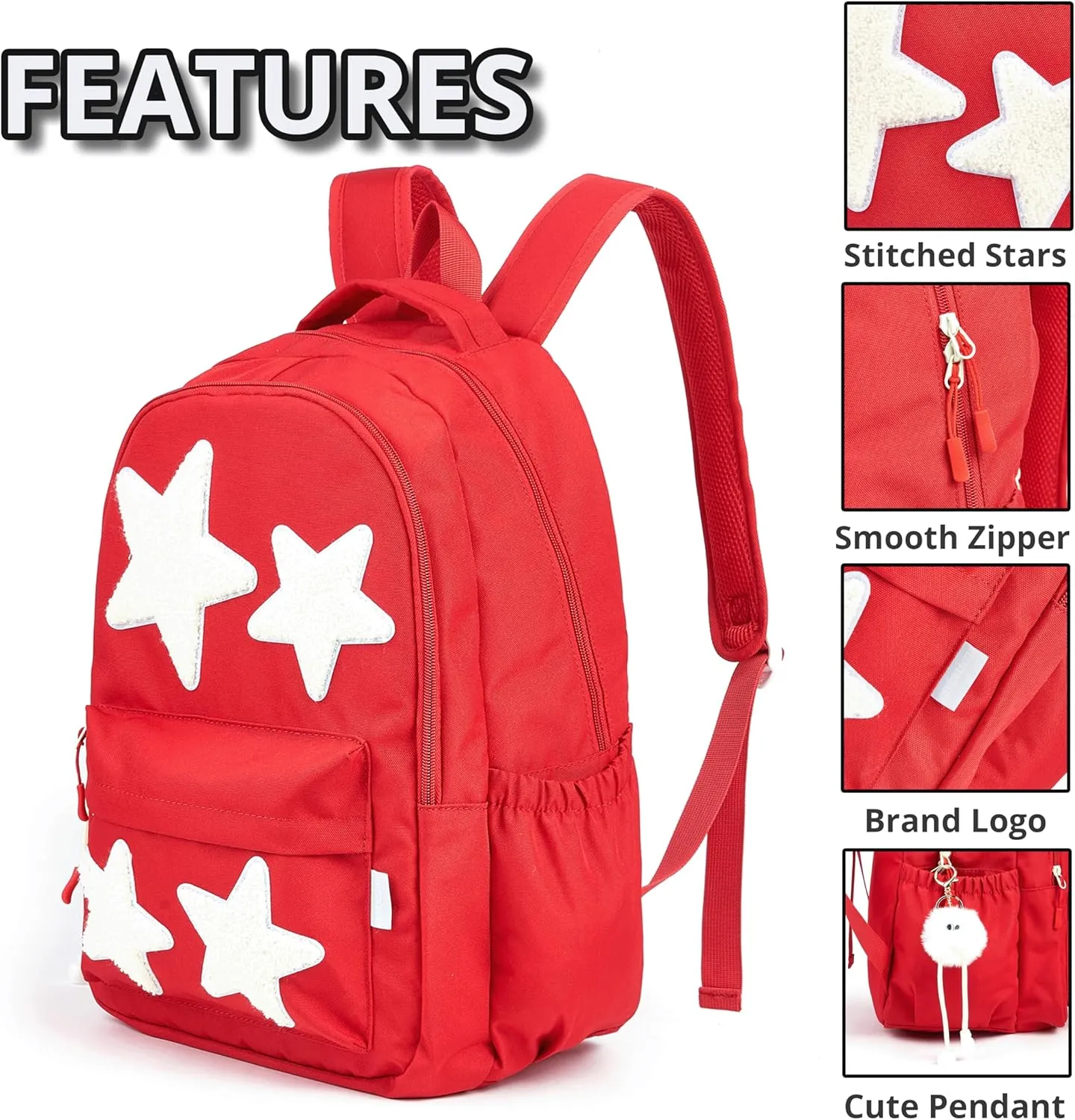 Red Preppy Backpack with Cute Plush Accessories Kawaii Star Patch Y2K School Bookbag Statement Girls Funny Aesthetic Backpacks for Kids Teens Senior