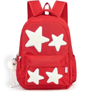 Red Preppy Backpack with Cute Plush Accessories Kawaii Star Patch Y2K School Bookbag Statement Girls Funny Aesthetic Backpacks for Kids Teens Senior