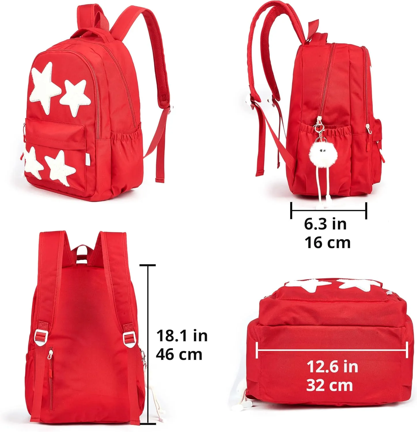 Red Preppy Backpack with Cute Plush Accessories Kawaii Star Patch Y2K School Bookbag Statement Girls Funny Aesthetic Backpacks for Kids Teens Senior