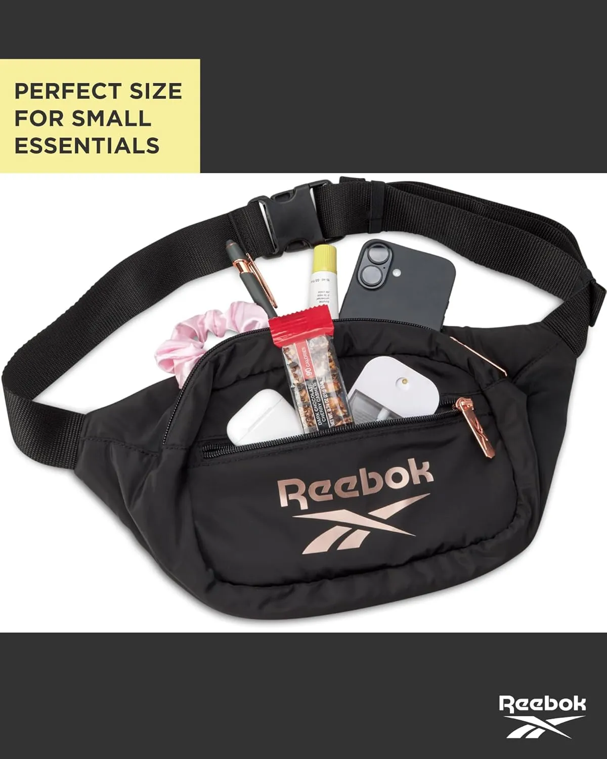 Reebok Fanny Pack - Lightweight Stylish Crossbody Waist Belt Bags for Women and Men with Adjustable Strap, Size One Size, Lyla Black