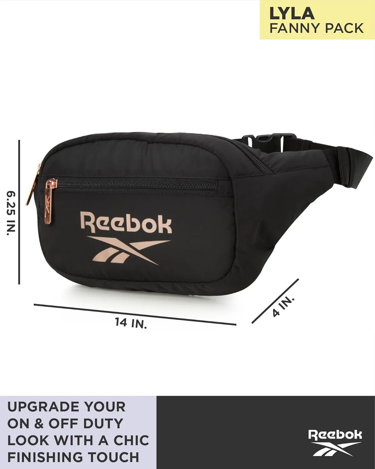 Reebok Fanny Pack - Lightweight Stylish Crossbody Waist Belt Bags for Women and Men with Adjustable Strap, Size One Size, Lyla Black
