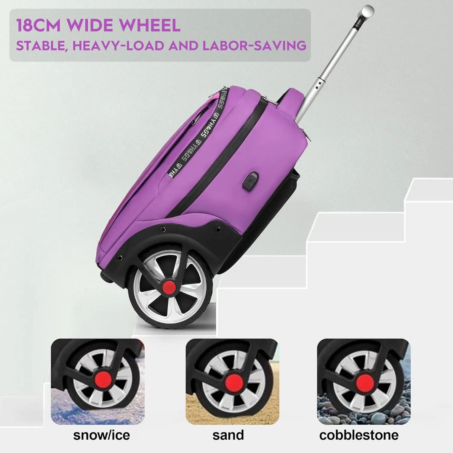 Rolling Backpack, Travel Backpack with Wheels, Rolling Backpack for Women Men, Carry on Luggage with Rolling Laptop Backpack for Travel Work, Fit 17.3 Inch Notebook Men Women (Purple)