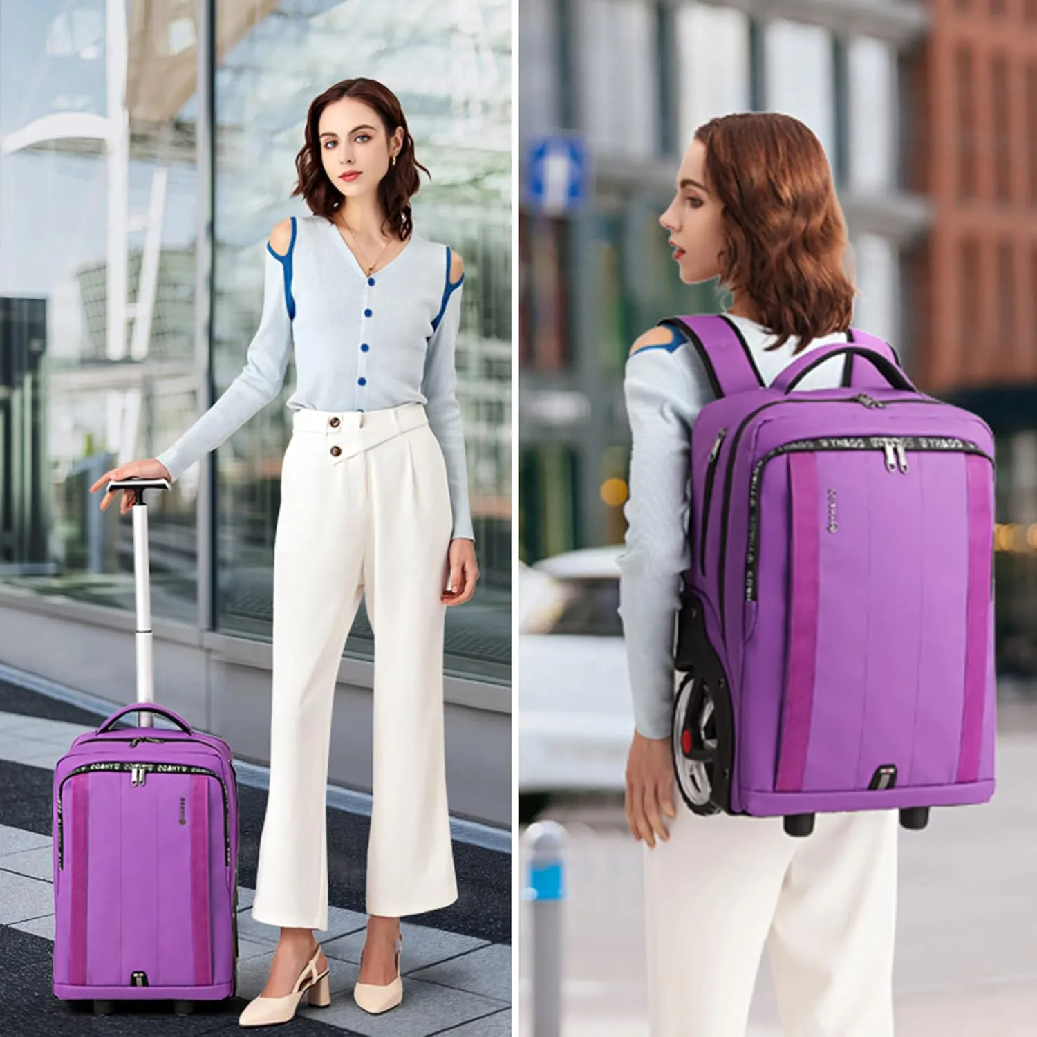 Rolling Backpack, Travel Backpack with Wheels, Rolling Backpack for Women Men, Carry on Luggage with Rolling Laptop Backpack for Travel Work, Fit 17.3 Inch Notebook Men Women (Purple)