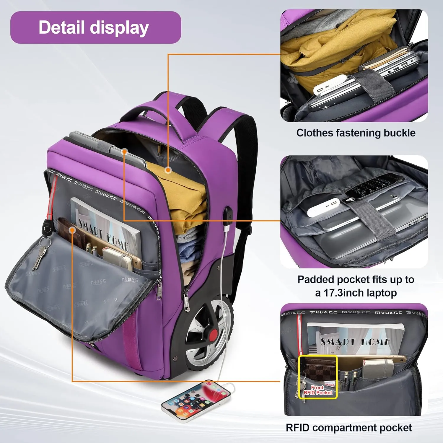 Rolling Backpack, Travel Backpack with Wheels, Rolling Backpack for Women Men, Carry on Luggage with Rolling Laptop Backpack for Travel Work, Fit 17.3 Inch Notebook Men Women (Purple)