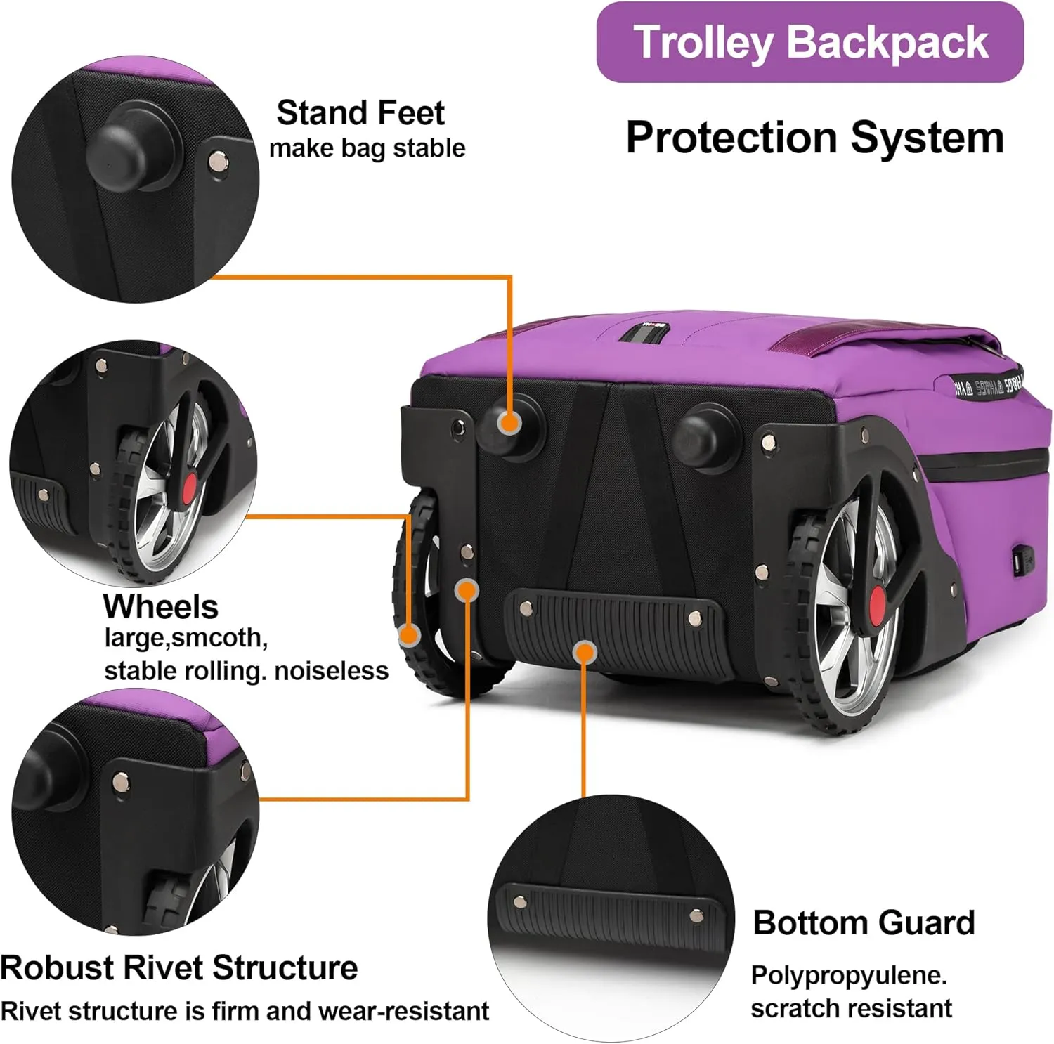 Rolling Backpack, Travel Backpack with Wheels, Rolling Backpack for Women Men, Carry on Luggage with Rolling Laptop Backpack for Travel Work, Fit 17.3 Inch Notebook Men Women (Purple)