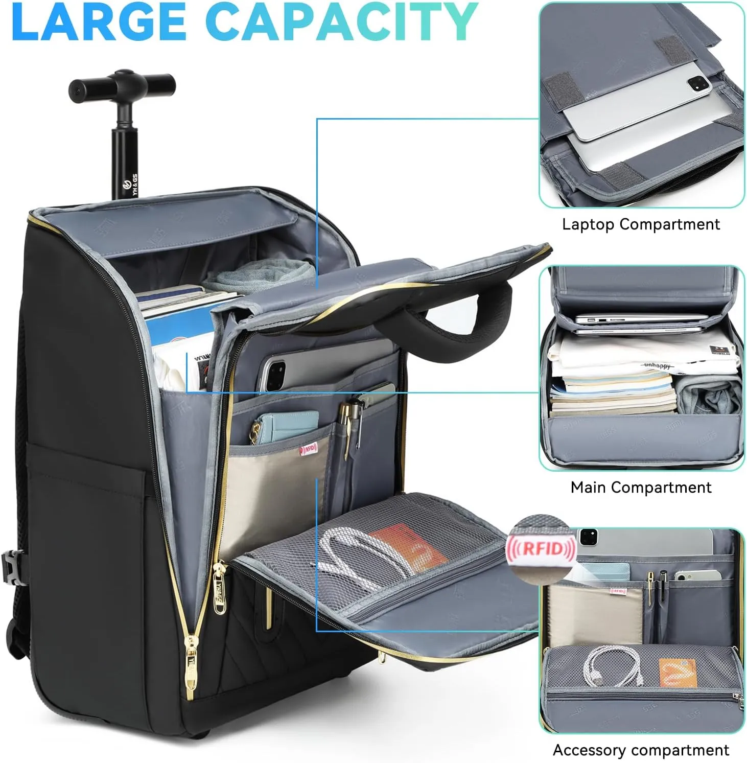 Rolling Backpack, Waterproof Backpack with Wheels for Business Commuter, Carry on Backpack with Laptop Compartment, Fit 15.6/18 Inch Laptop, Wheeled Backpack for Adults (Gold Black)