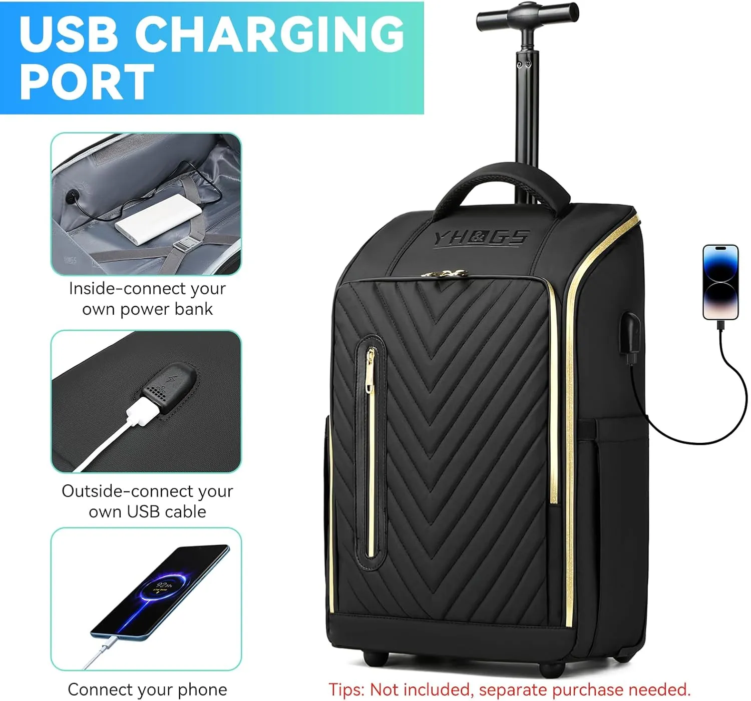 Rolling Backpack, Waterproof Backpack with Wheels for Business Commuter, Carry on Backpack with Laptop Compartment, Fit 15.6/18 Inch Laptop, Wheeled Backpack for Adults (Gold Black)