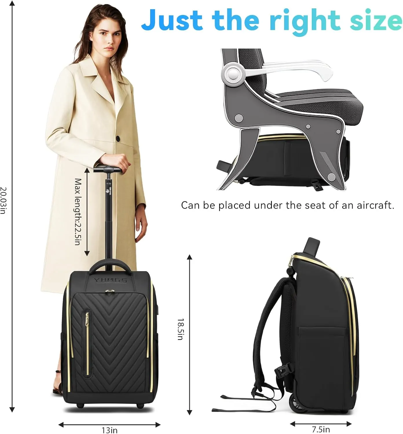 Rolling Backpack, Waterproof Backpack with Wheels for Business Commuter, Carry on Backpack with Laptop Compartment, Fit 15.6/18 Inch Laptop, Wheeled Backpack for Adults (Gold Black)