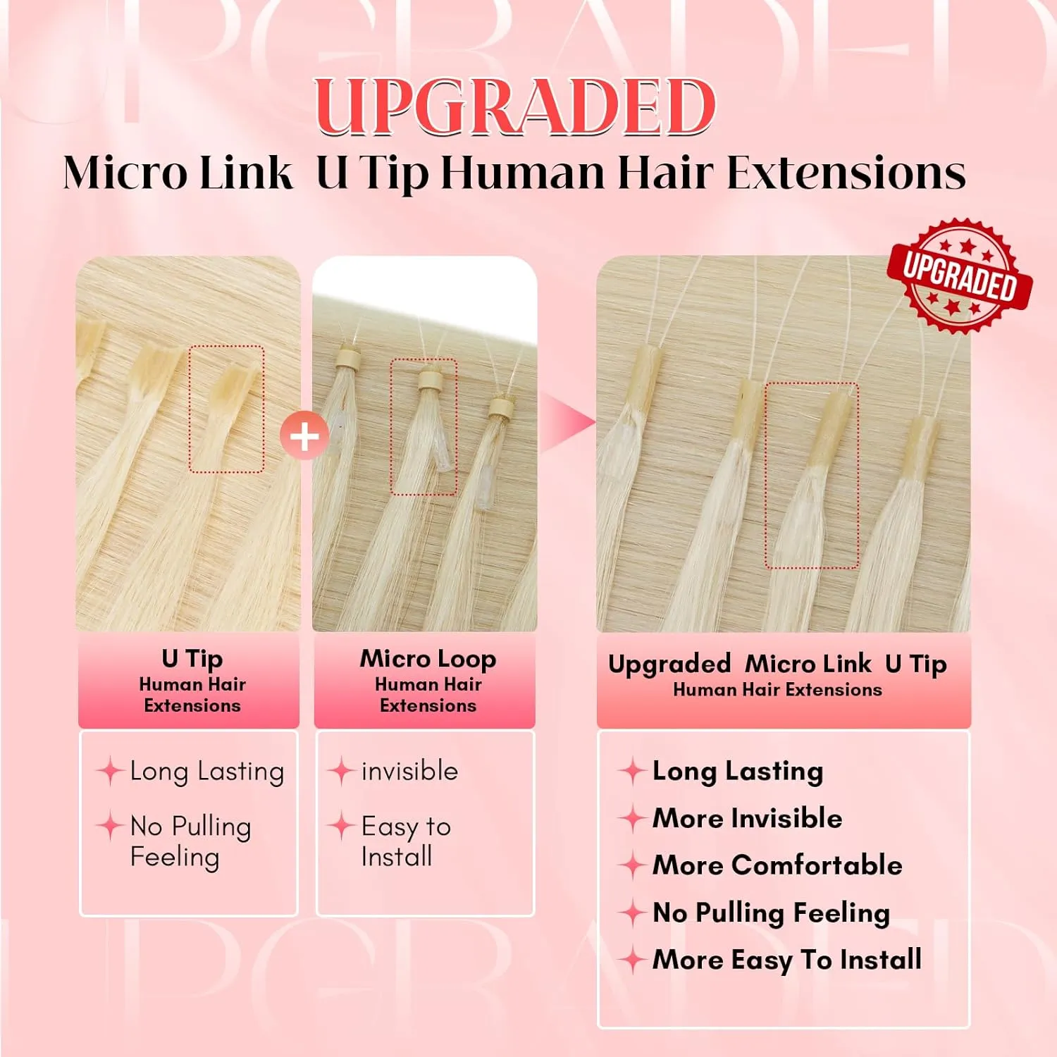 S-noilite U Tip Hair Extensions Human Hair Upgraded Micro Ring K Tip Hair Extensions Pre Bonded Nail Tip Keratin 50g/50 Stands 50g/50 Stands 14 Inch Platinum Blonde