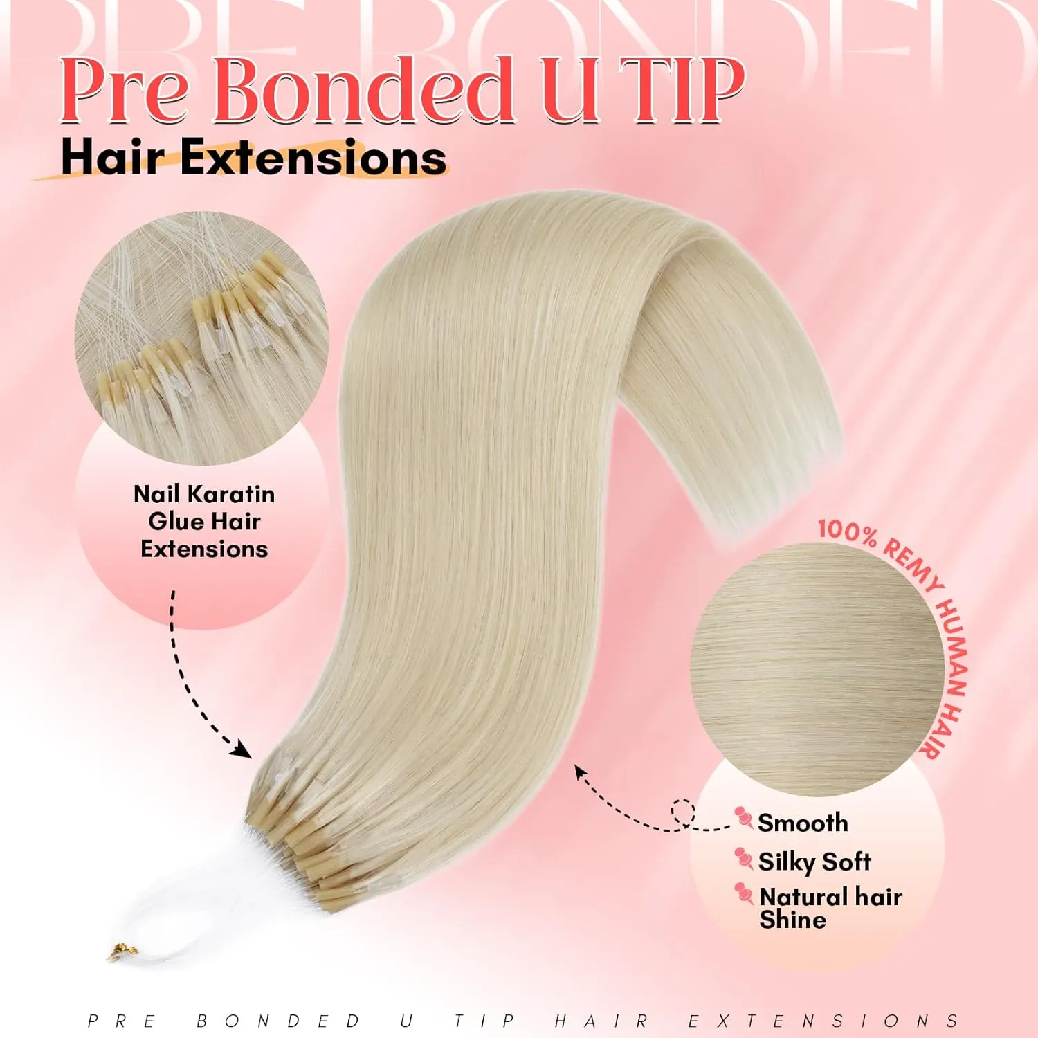 S-noilite U Tip Hair Extensions Human Hair Upgraded Micro Ring K Tip Hair Extensions Pre Bonded Nail Tip Keratin 50g/50 Stands 50g/50 Stands 14 Inch Platinum Blonde