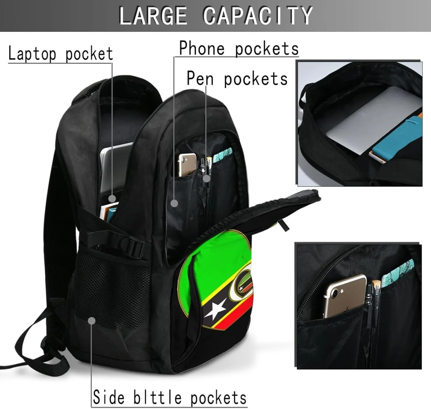 Saint Kitts Nevis Flag Business Laptop Backpack Travel Backpacks Outdoor Rucksack Large Bag Daypack with USB Charging Port Multi-Pocket for Hiking Camping