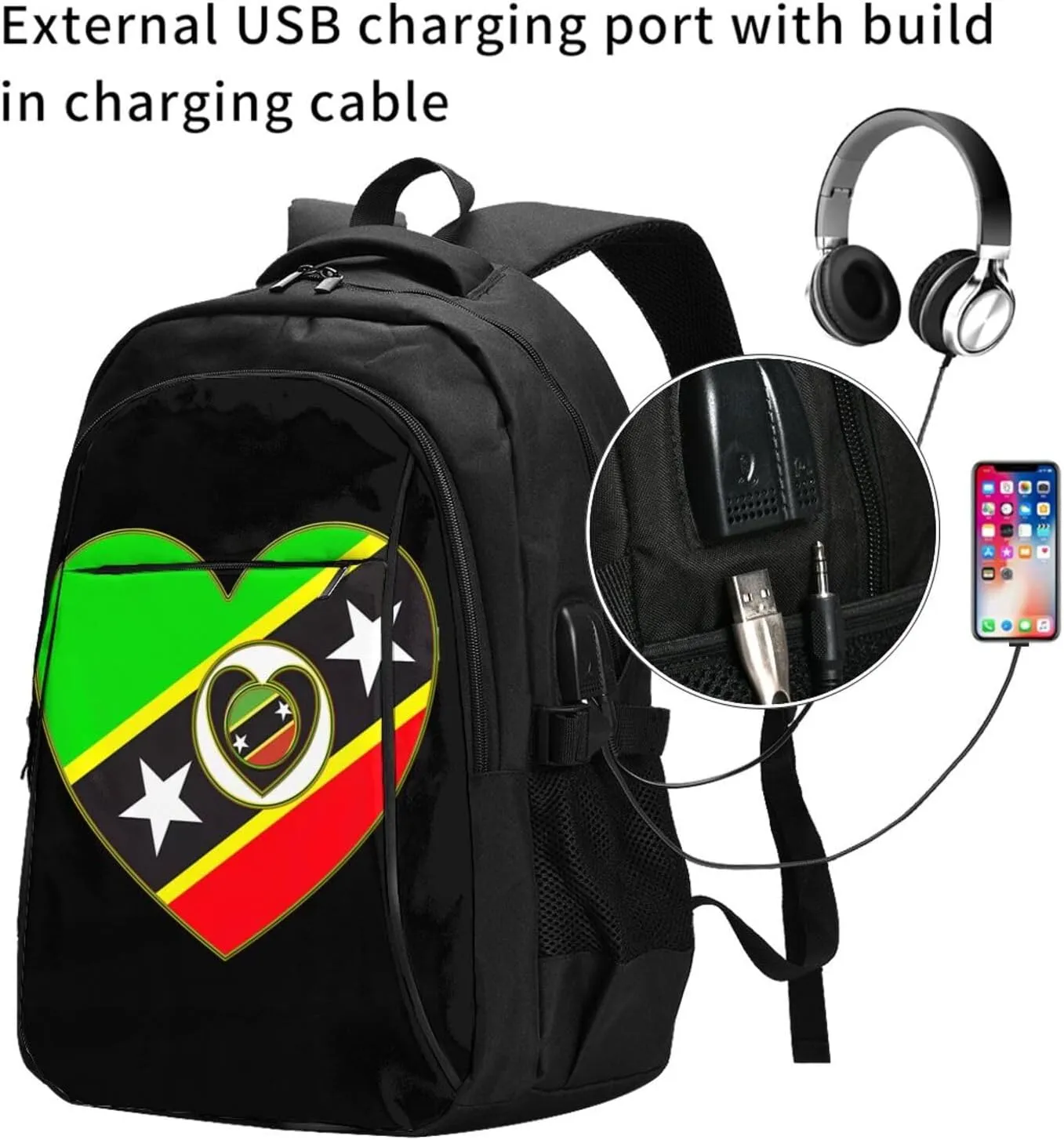 Saint Kitts Nevis Flag Business Laptop Backpack Travel Backpacks Outdoor Rucksack Large Bag Daypack with USB Charging Port Multi-Pocket for Hiking Camping