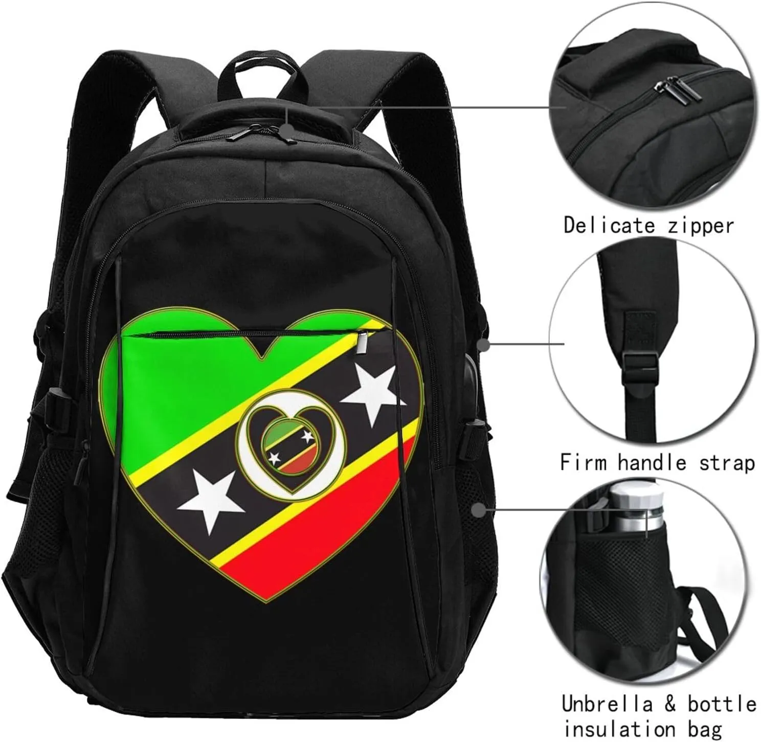 Saint Kitts Nevis Flag Business Laptop Backpack Travel Backpacks Outdoor Rucksack Large Bag Daypack with USB Charging Port Multi-Pocket for Hiking Camping