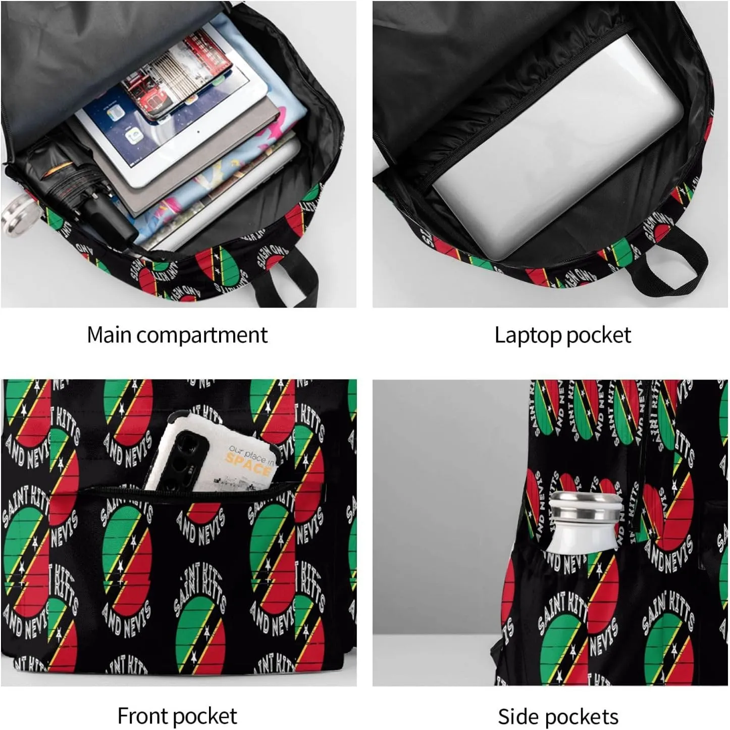 Saint Kitts Nevis Roots Flag Casual Backpack Large Capacity Travel Backpacks Laptop Daypack Commuter Rucksack Adjustable Strap Sports Bags for Hiking Biking