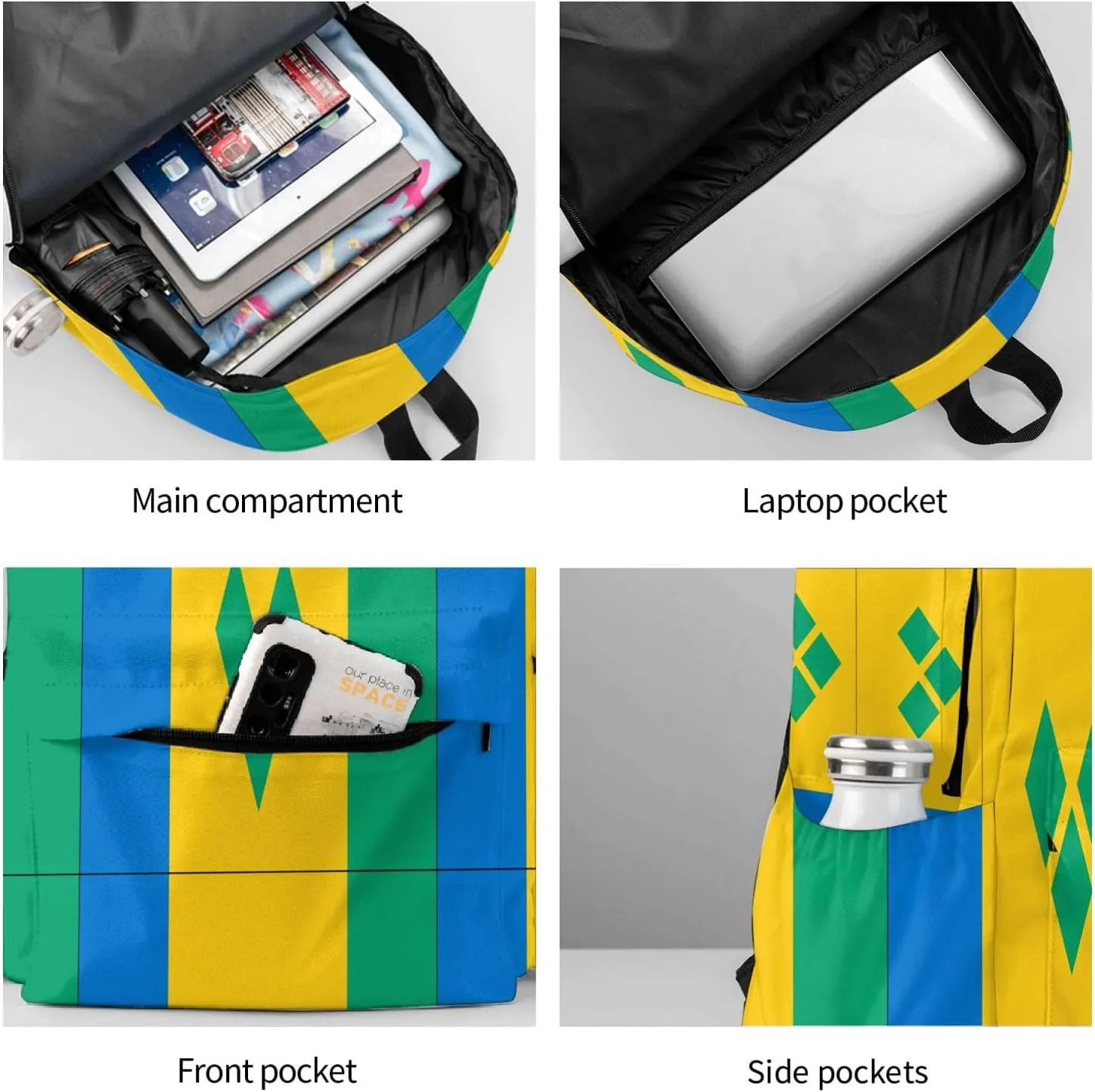 Saint Vincent Grenadines Flag Casual Backpack Large Capacity Travel Backpacks Laptop Daypack Commuter Rucksack Adjustable Strap Sports Bags for Hiking Biking