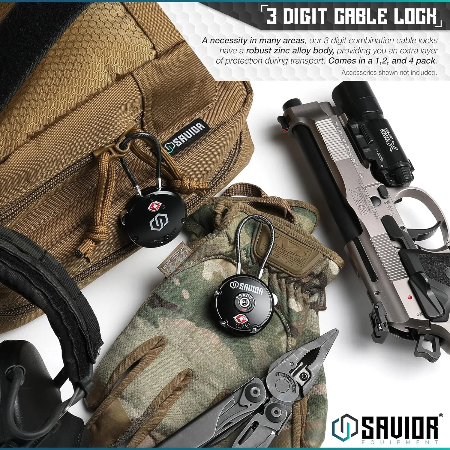 Savior Equipment Quality TSA-Approved 3-Digit Combination Cable Travel Luggage Locks for Rifle Bag Firearm Gun Case Accessories Ammo Boxes Outdoor Storage, Olive Drab Green, 4-Pack