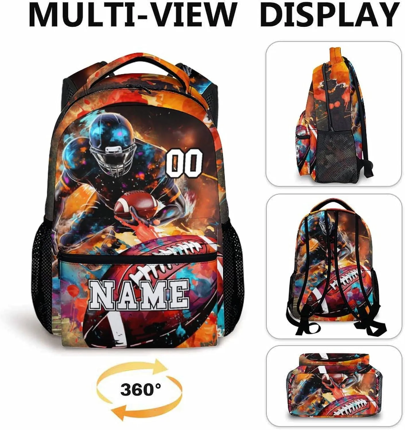 School Backpack for Boys, Custom Football Backpacks with Name for Kids Age 6-18, Sports Bookbag for Primary, Middle High Senior School Students, 17 Inch Large Capacity Schoolbag Gifts