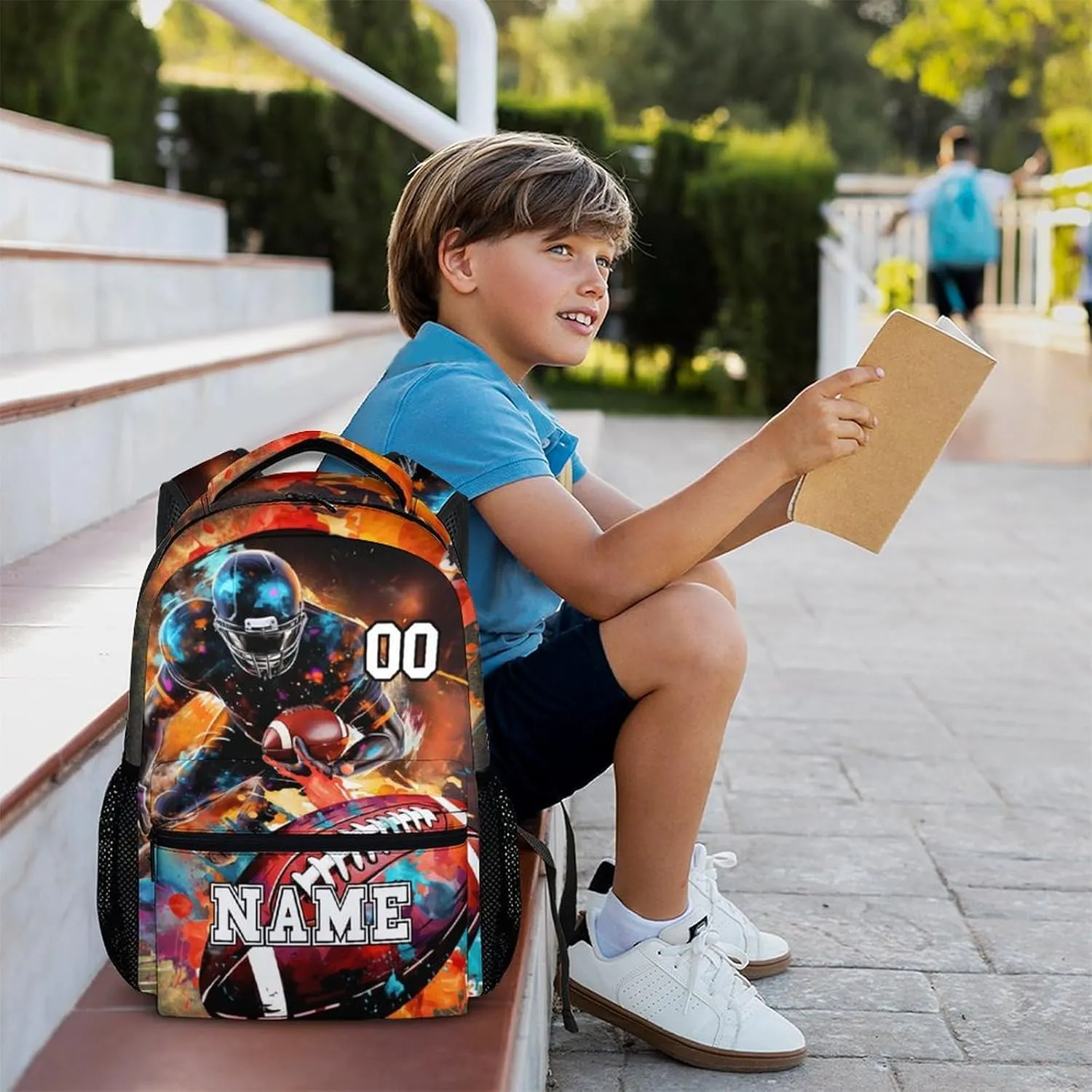 School Backpack for Boys, Custom Football Backpacks with Name for Kids Age 6-18, Sports Bookbag for Primary, Middle High Senior School Students, 17 Inch Large Capacity Schoolbag Gifts