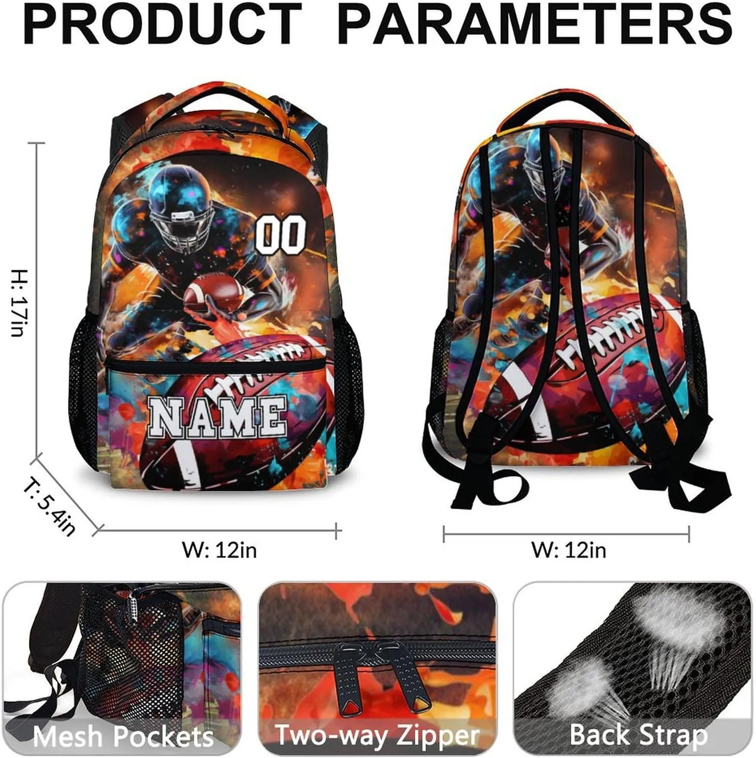 School Backpack for Boys, Custom Football Backpacks with Name for Kids Age 6-18, Sports Bookbag for Primary, Middle High Senior School Students, 17 Inch Large Capacity Schoolbag Gifts