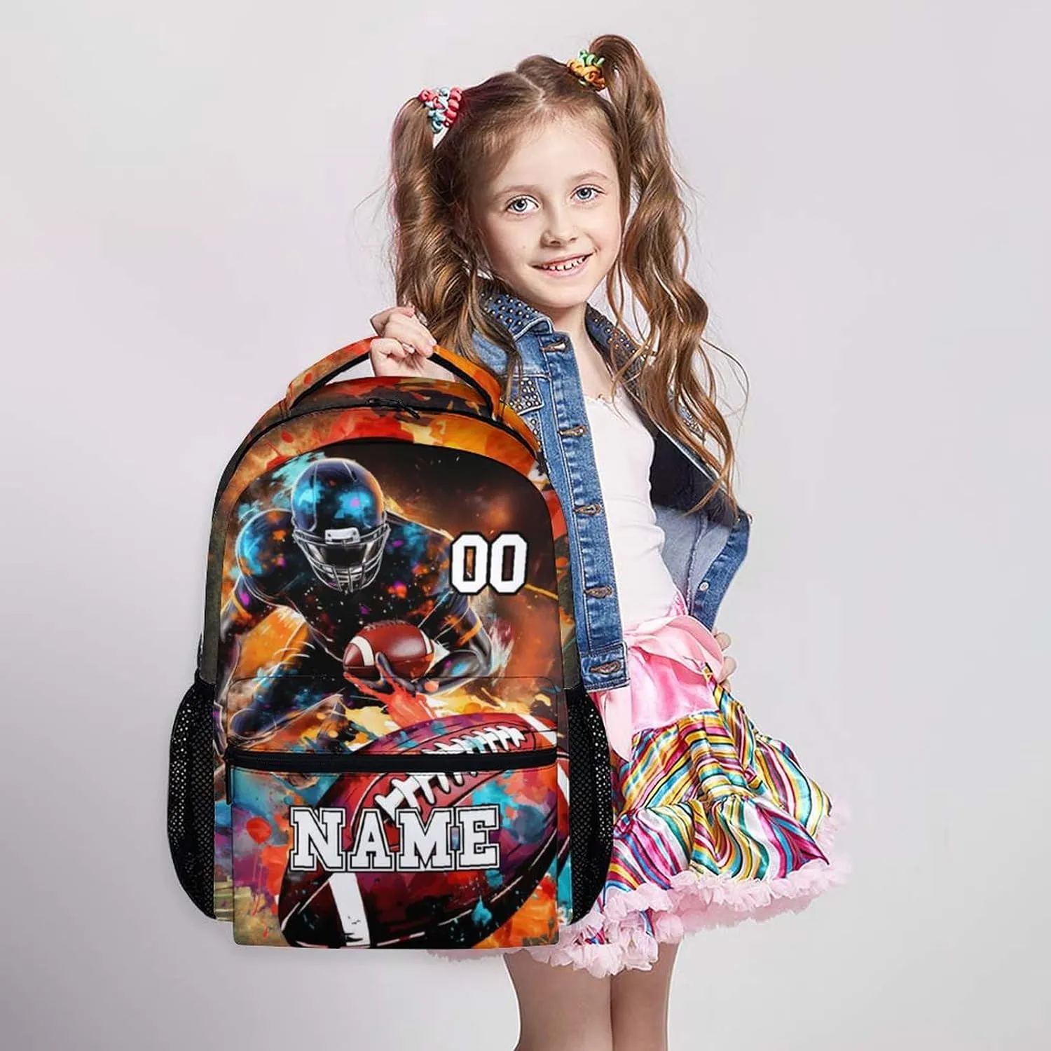School Backpack for Boys, Custom Football Backpacks with Name for Kids Age 6-18, Sports Bookbag for Primary, Middle High Senior School Students, 17 Inch Large Capacity Schoolbag Gifts