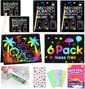 Scratch Art Book for Kids, 6 Packs Rainbow Scratch Notebook Crafts Kit with Reusable Cleaner Tool, Mess-Free Art Crafts for Kids Ages 4-8, Travel, Gifts for 4 5 6 7 8 9 Year Old Girl Boy