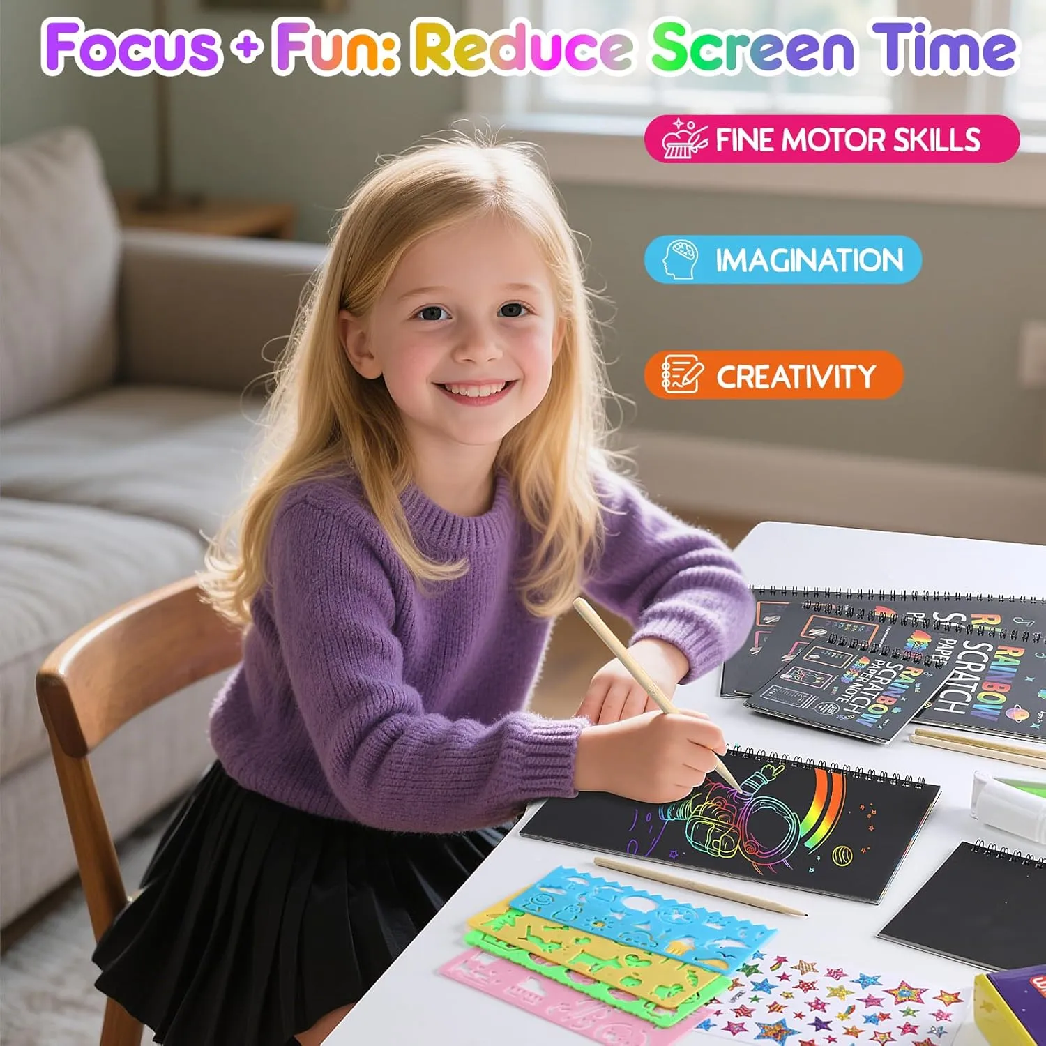 Scratch Art Book for Kids, 6 Packs Rainbow Scratch Notebook Crafts Kit with Reusable Cleaner Tool, Mess-Free Art Crafts for Kids Ages 4-8, Travel, Gifts for 4 5 6 7 8 9 Year Old Girl Boy