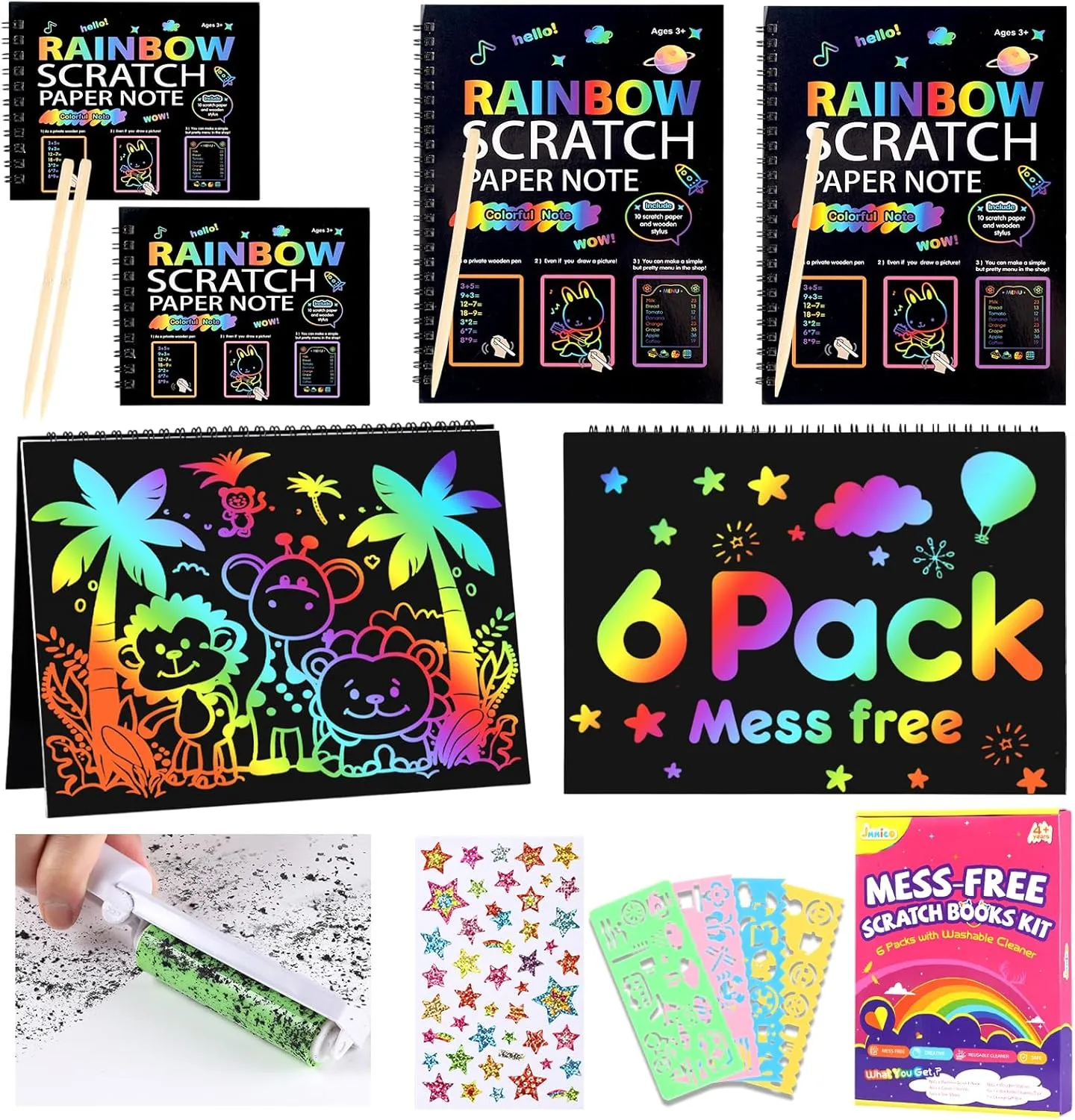 Scratch Art Book for Kids, 6 Packs Rainbow Scratch Notebook Crafts Kit with Reusable Cleaner Tool, Mess-Free Art Crafts for Kids Ages 4-8, Travel, Gifts for 4 5 6 7 8 9 Year Old Girl Boy