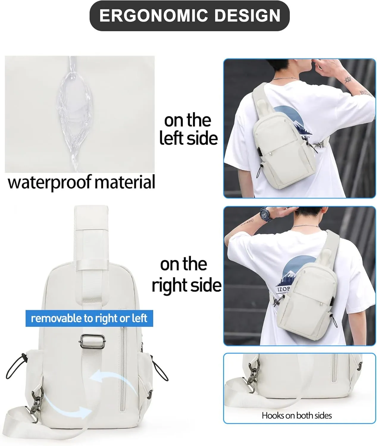 SEAFEW Tactical Backpacks Small Sling Bag Crossbody Backpack Shoulder Bag for Men Women, Multipurpose Anti-Theft Cross Body Chest Bags, One Strap Backpack for Walking Biking Travel Cycling Off White
