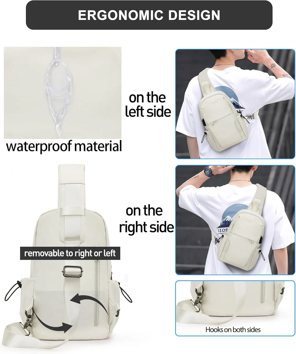 SEAFEW Tactical Backpacks Small Sling Bag Crossbody Backpack Shoulder Bag for Men Women, Multipurpose Anti-Theft Cross Body Chest Bags, One Strap Backpack for Walking Biking Travel Cycling Off White