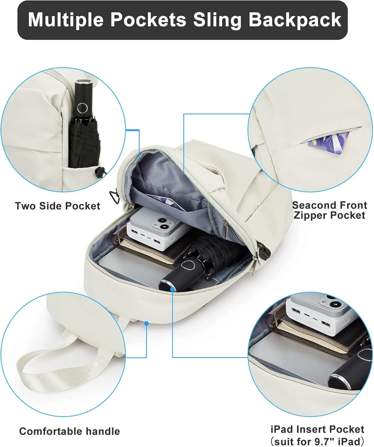 SEAFEW Tactical Backpacks Small Sling Bag Crossbody Backpack Shoulder Bag for Men Women, Multipurpose Anti-Theft Cross Body Chest Bags, One Strap Backpack for Walking Biking Travel Cycling Off White