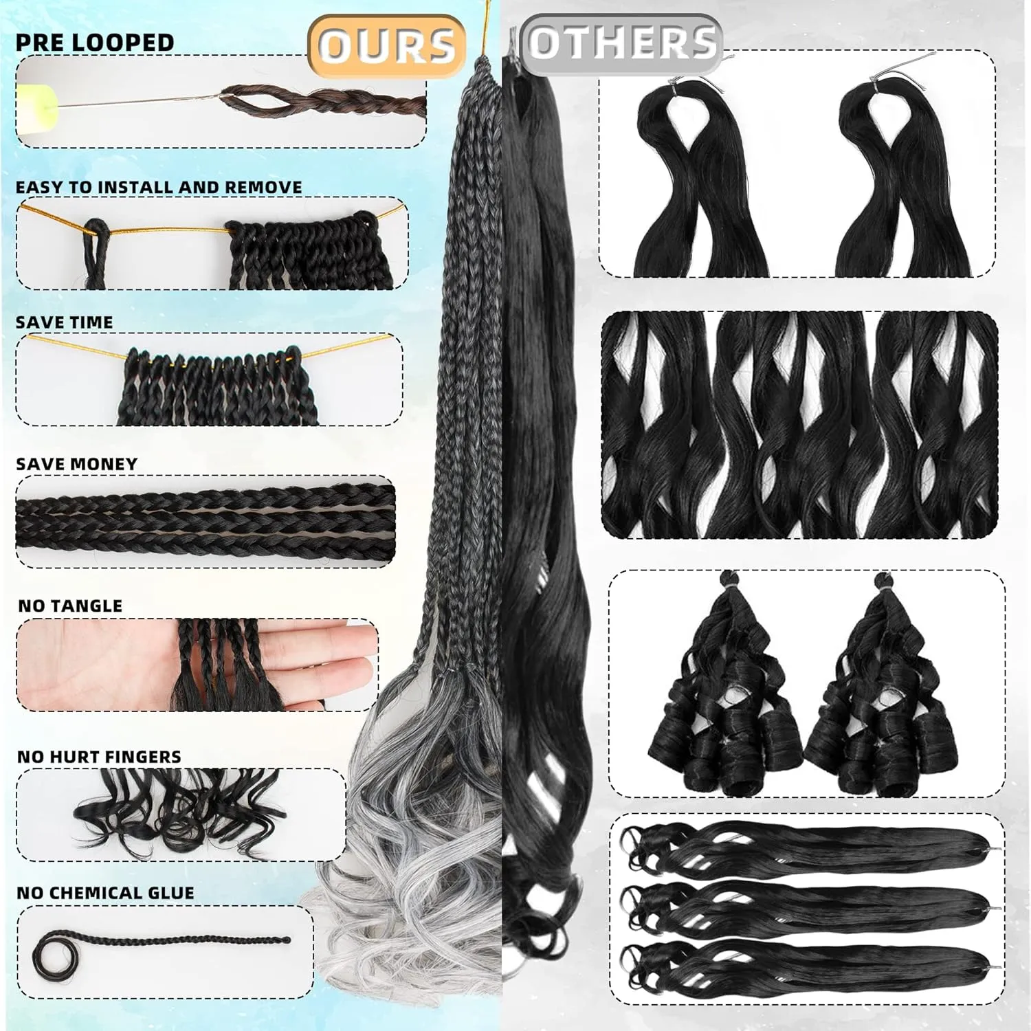 self-tanners Crochet Braids for Black Women-18 Inches 8 Packs Goddess Box Braids,Ombre Gray Soft Pre Looped Braided Synthetic Hair Extensions with Curly Wavy Ends(18"-8 Packs,Tgray)