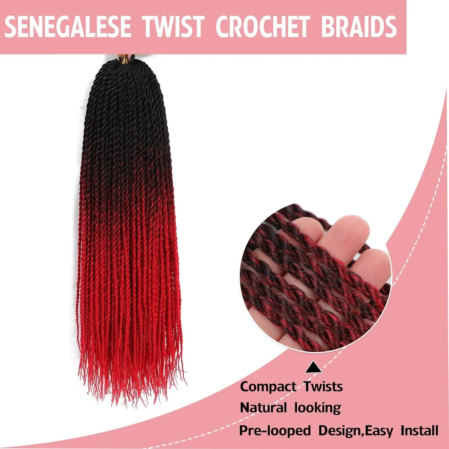 Senegalese Twist Crochet Hair-5 Packs 18 Inch Ombre Red Senegalese Twist Crochet Braids For Women Human Hair,Pre Looped Crochet Braids, Colorful Synthetic Twist Crochet Hair(18in,1B/Red#)