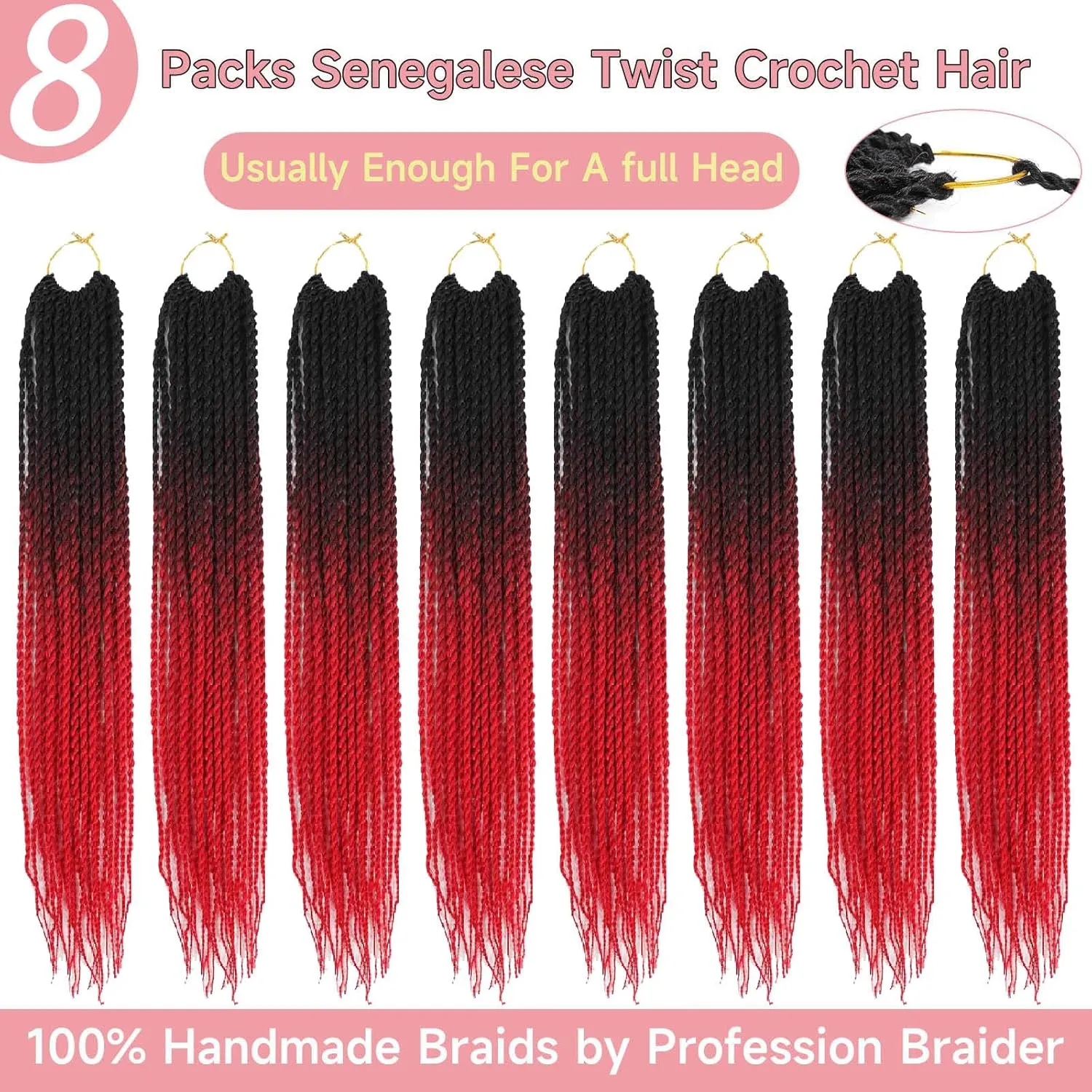 Senegalese Twist Crochet Hair-5 Packs 18 Inch Ombre Red Senegalese Twist Crochet Braids For Women Human Hair,Pre Looped Crochet Braids, Colorful Synthetic Twist Crochet Hair(18in,1B/Red#)
