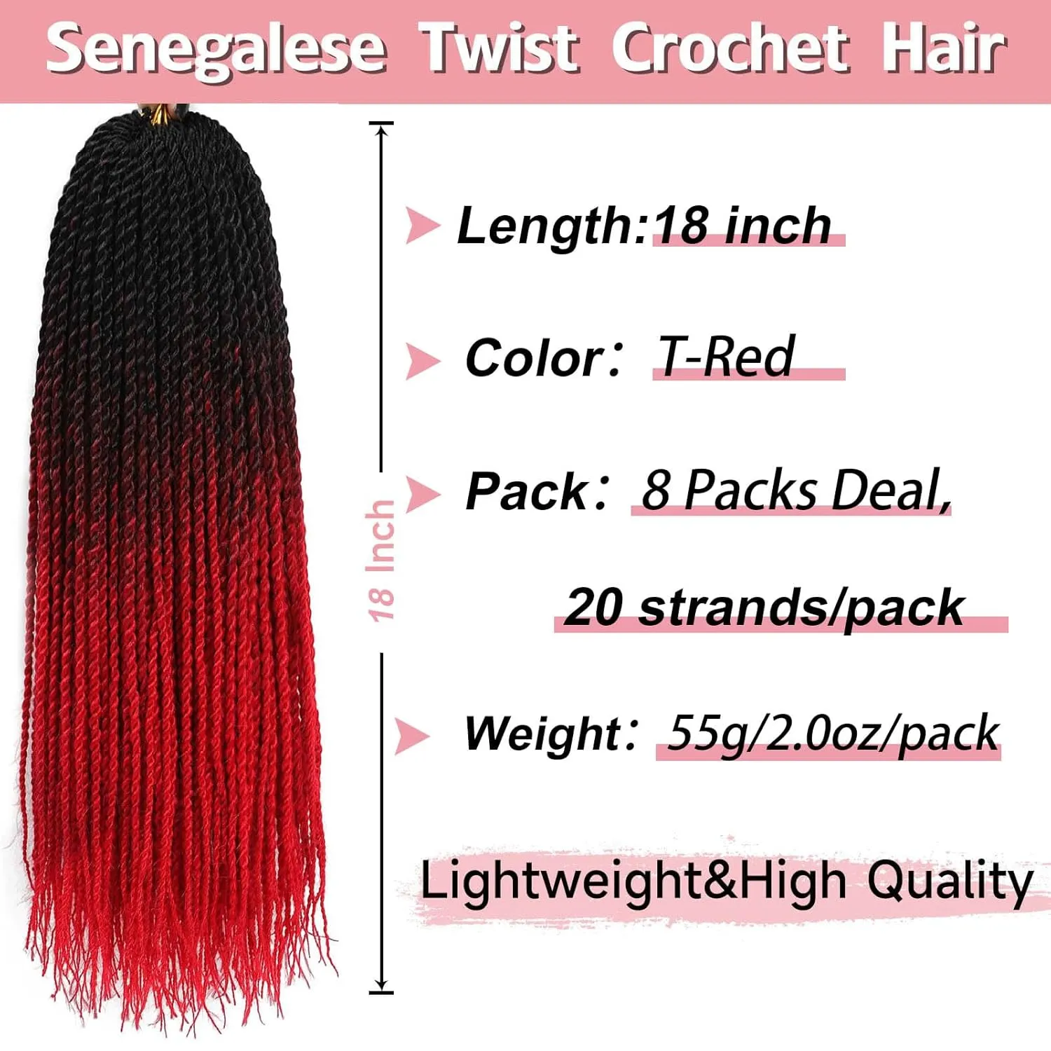 Senegalese Twist Crochet Hair-5 Packs 18 Inch Ombre Red Senegalese Twist Crochet Braids For Women Human Hair,Pre Looped Crochet Braids, Colorful Synthetic Twist Crochet Hair(18in,1B/Red#)