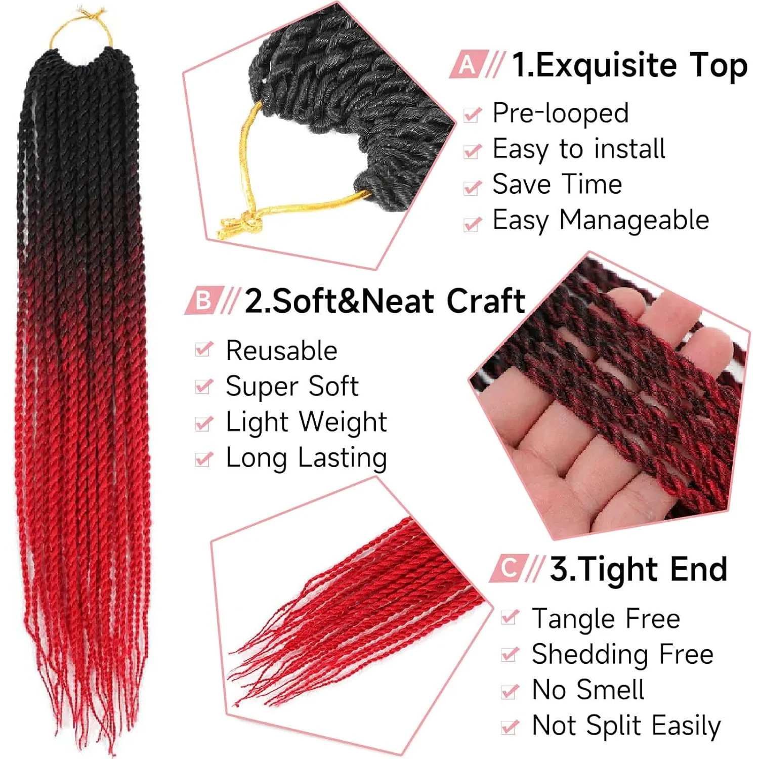 Senegalese Twist Crochet Hair-5 Packs 18 Inch Ombre Red Senegalese Twist Crochet Braids For Women Human Hair,Pre Looped Crochet Braids, Colorful Synthetic Twist Crochet Hair(18in,1B/Red#)
