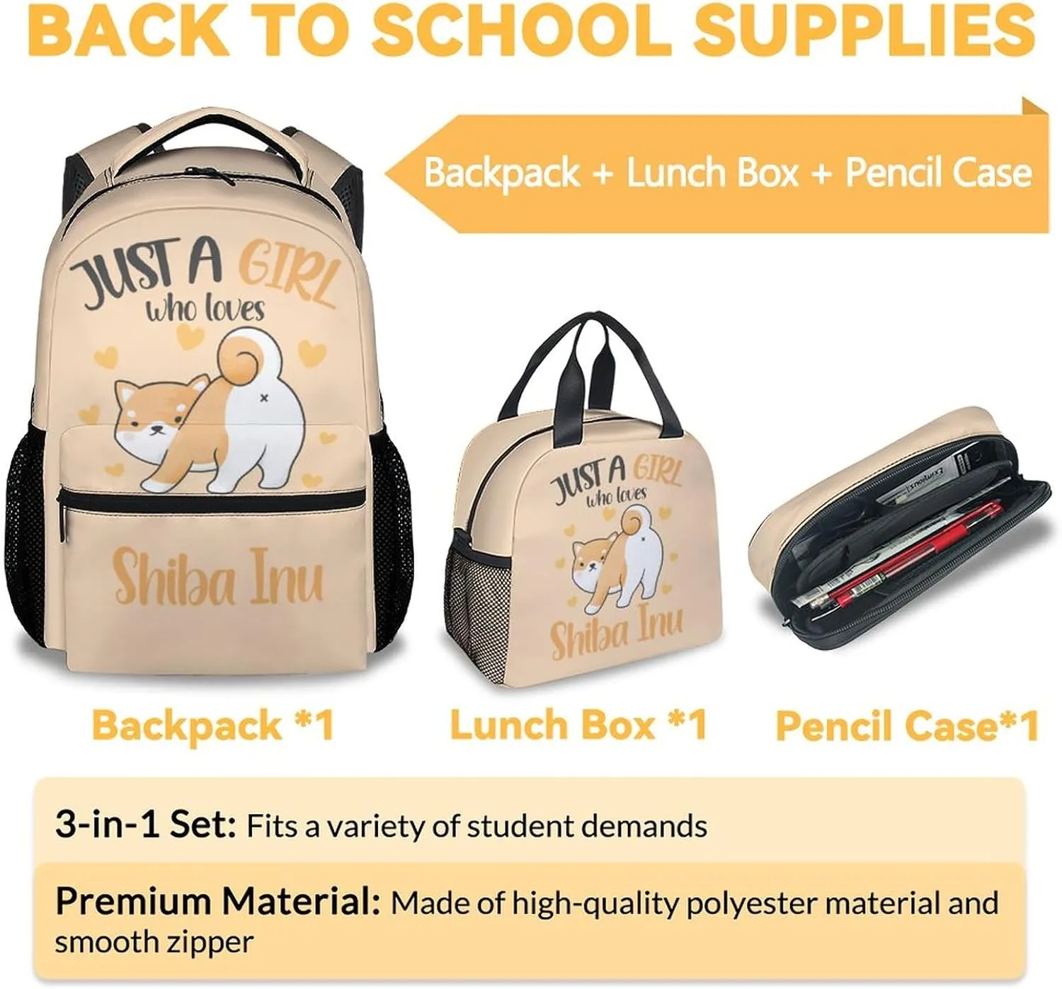 Shiba Inu Backpack with Lunch Box, Set of 3 Dog School Backpacks Matching Combo, Cute Orange Bookbag and Pencil Case Bundle