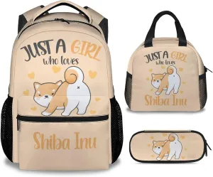 Shiba Inu Backpack with Lunch Box, Set of 3 Dog School Backpacks Matching Combo, Cute Orange Bookbag and Pencil Case Bundle