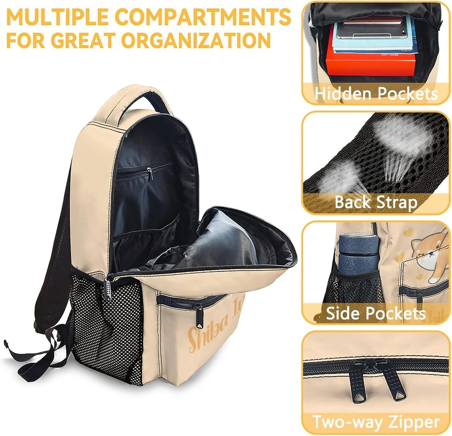 Shiba Inu Backpack with Lunch Box, Set of 3 Dog School Backpacks Matching Combo, Cute Orange Bookbag and Pencil Case Bundle