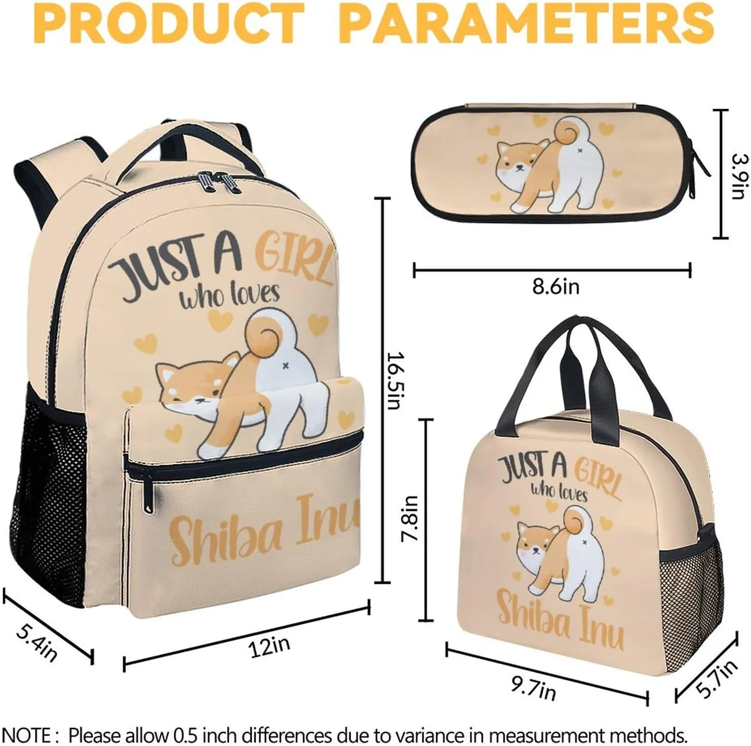 Shiba Inu Backpack with Lunch Box, Set of 3 Dog School Backpacks Matching Combo, Cute Orange Bookbag and Pencil Case Bundle