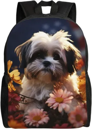 Shih Tzu Dog And Flowers Cute Backpack Waterproof Lightweight Casual Backpack One Size Daypack Travel Laptop Bag For Men Women